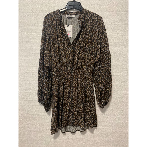 Zara Black Gold Metallic Print Long Sleeve Button Front Mini Dress Size Small - Picture 6 of 12